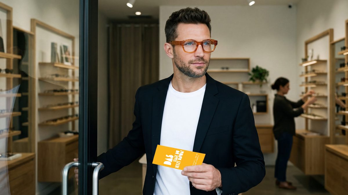Mann mit Brille verlässt Geschäft