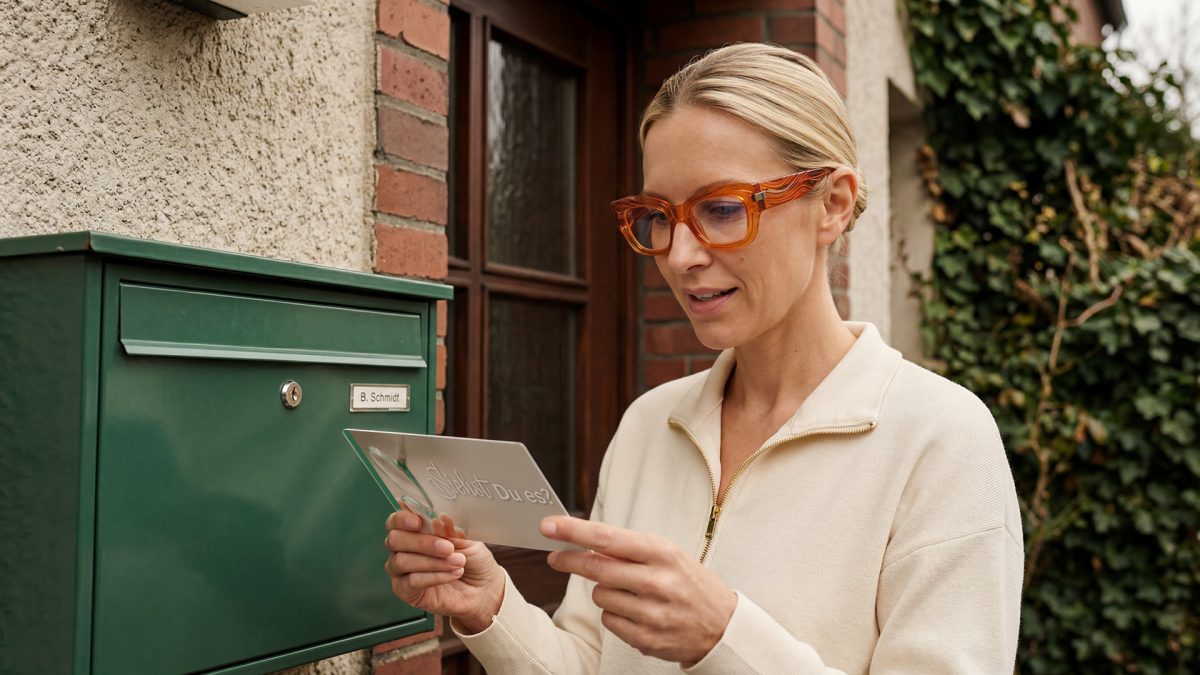 Frau liest Brief aus dem Briefkasten.