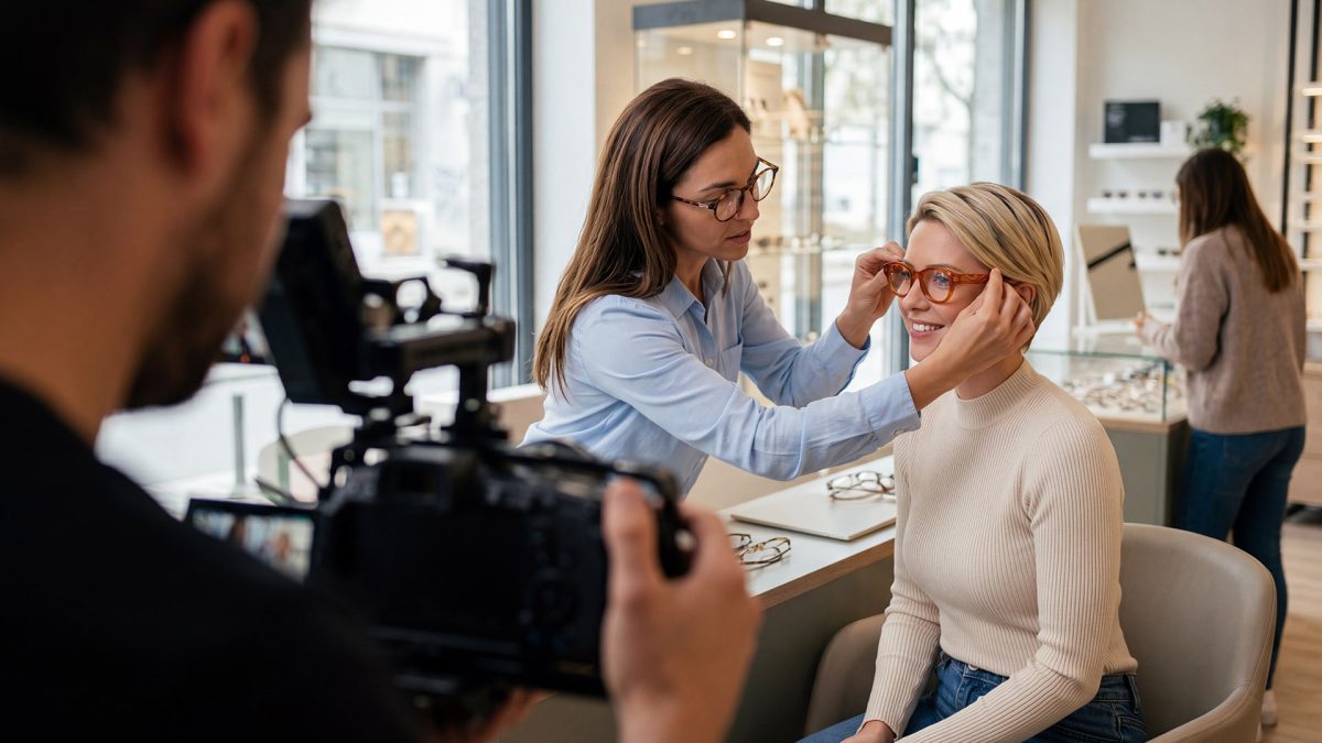 Frau probiert Brille im Geschäft.