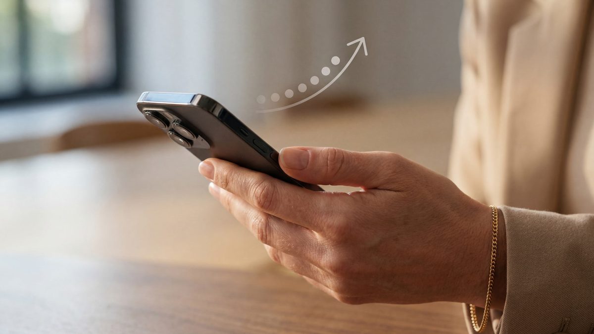 Hand hält Smartphone, Bewegung angedeutet.