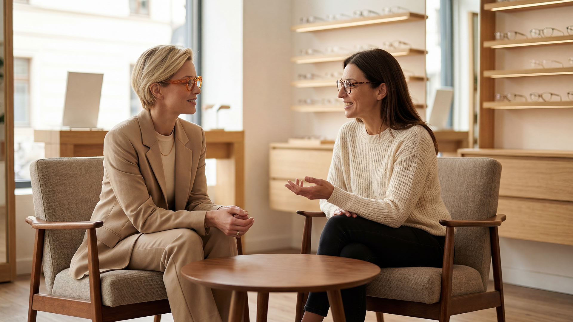 Zwei Frauen im Gespräch in einem Geschäft.